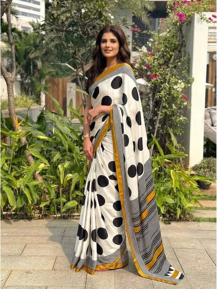 Stunning Mustard Japan Satin Saree - Smooth Polka Dot Design