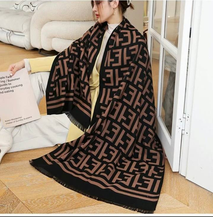 Women’s Brown & Black Geometric Winter Scarf – Soft Warm Shawl Wrap