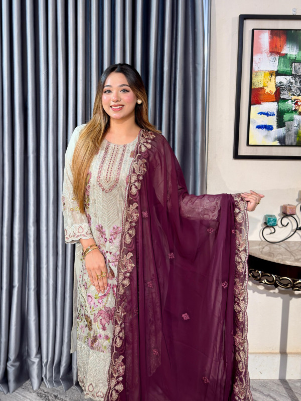 Creamy Maroon Elegance 4pc set (Unstitched) // Deep Maroon Contrast Dupatta