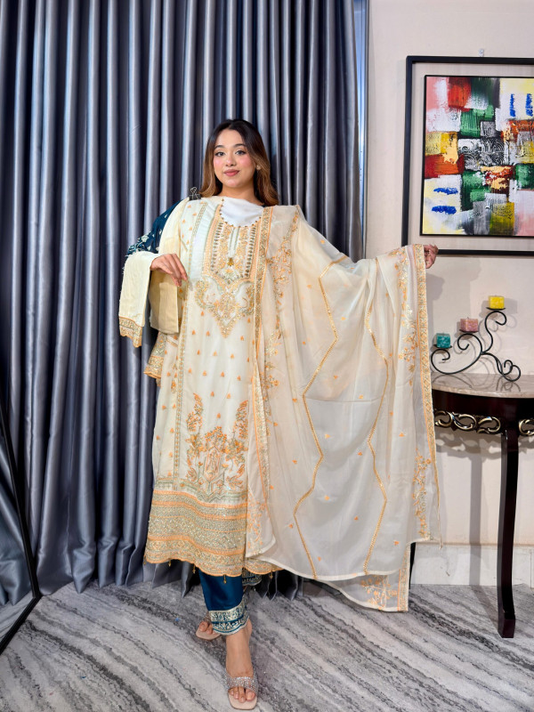 Noor Elegance Premium 4PC Set (Unstitched) // Cream White Edition