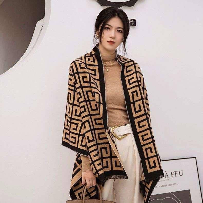 Women’s Brown & Black Geometric Winter Scarf – Soft Warm Shawl Wrap