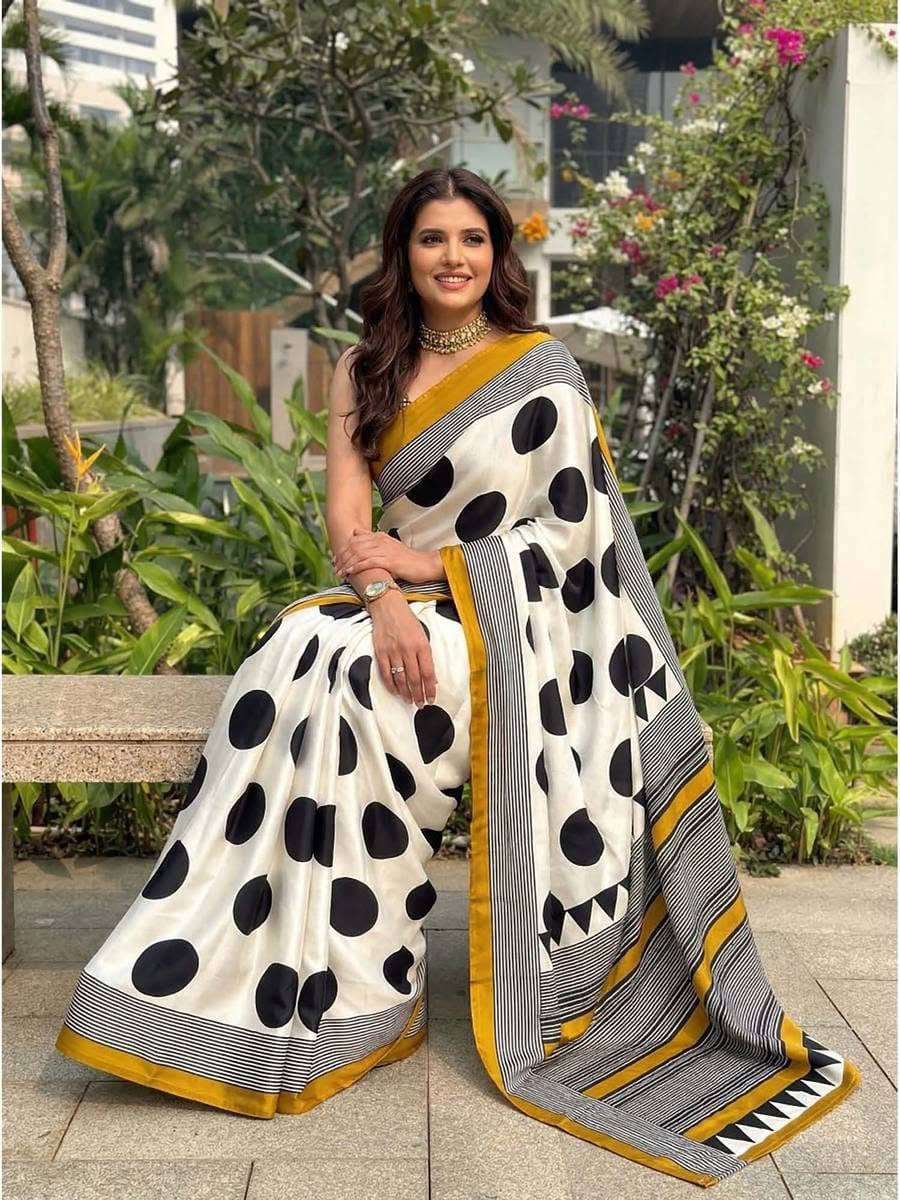 Stunning Mustard Japan Satin Saree - Smooth Polka Dot Design