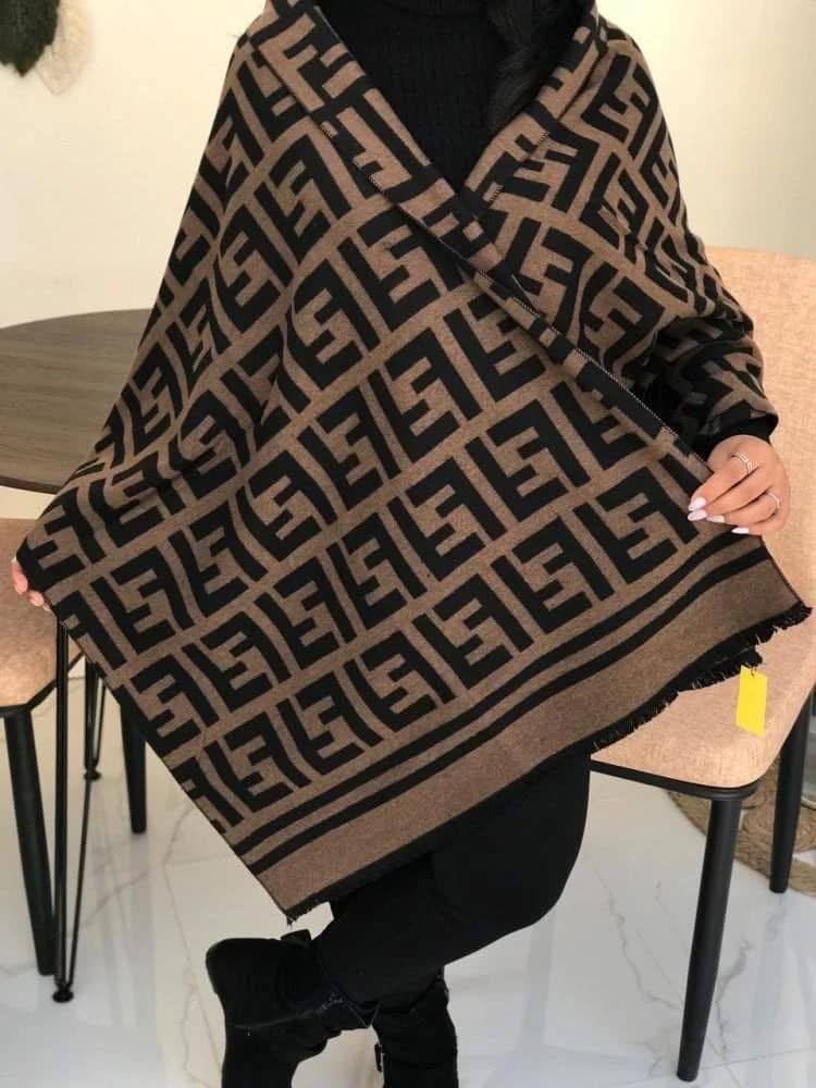 Women’s Brown & Black Geometric Winter Scarf – Soft Warm Shawl Wrap