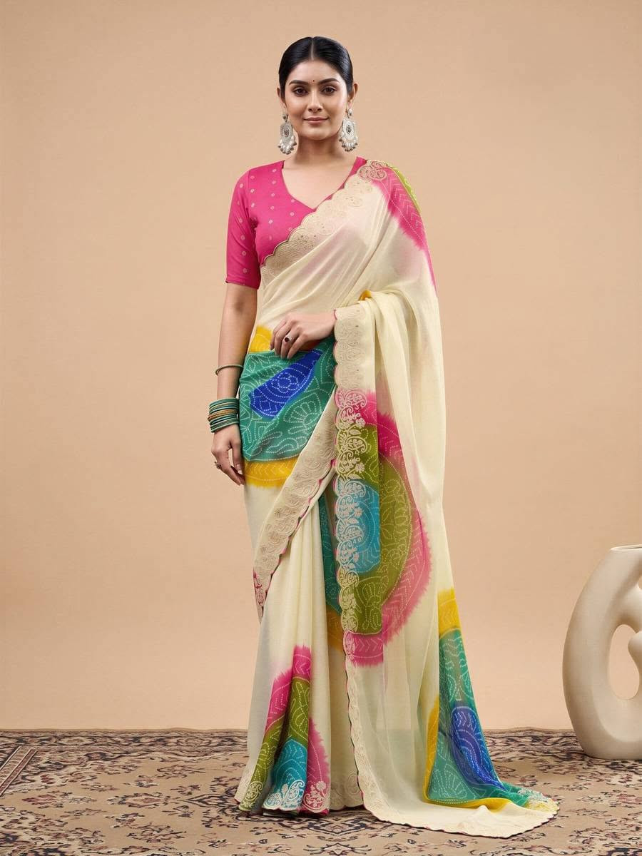 Elegant Cream Bandhani Printed Chiffon Saree with Embroidery Work
